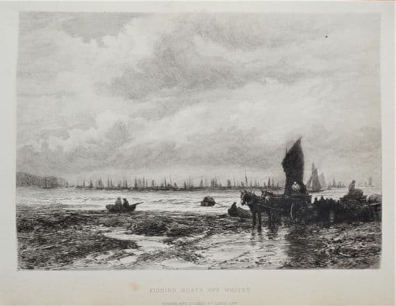 Original Antique Print 1880 FISHING BOATS off WHITBY Genuine David Law maritime etching