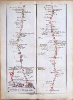 Original Antique Road Strip Road 1790  LONDON To HERTFORD John Cary Engraving