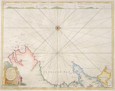 Original Antique Sea Chart 1756 CARDIGAN BAY, WALES Pembroke to Anglesey Genuine Collins Map