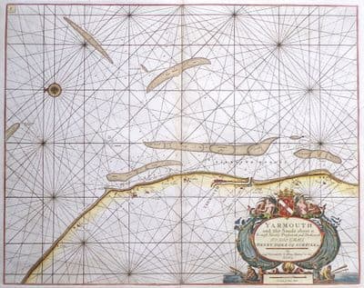 Original Antique Sea Chart 1756 GREAT YARMOUTH Genuine Greenvile Collins Old Nautical Map