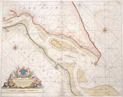 Original Antique Sea Chart 1756 RIVER HUMBER, HULL, Grimsby Genuine Old Collins Nautical Map