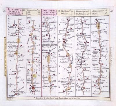 Original Antique Strip Road Map 1782 Route LONDON To WELLS Hand Colour Engraving