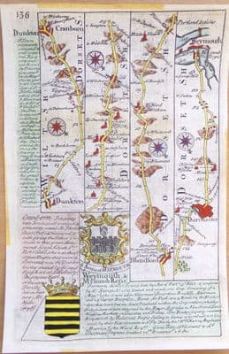 Original Antique Strip Road Map c1720 DUNKTON to WEYMOUTH Owen/Bowen Engraving