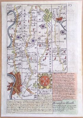 Original Antique Strip Road Map c1720 LONDON to MARLBROUGH Owen/Bowen Engraving