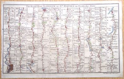 Original c1770 Antique Strip Road Map LONDON to ST DAVID'S ,T.Bowen Engraving