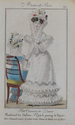 PERIOD COSTUME, Ladies Opera Dress, Paris Fashion plate 399 antique print 1826