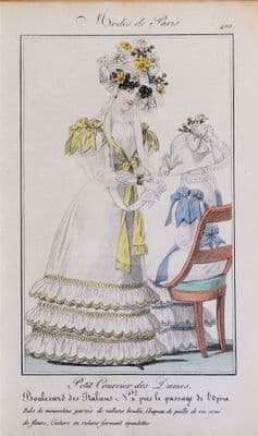 PERIOD COSTUME, Ladies Opera Dress, Paris Fashion plate 400 antique print 1826