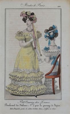 PERIOD COSTUME, Ladies Opera Dress, Paris Fashion plate 401 antique print 1826