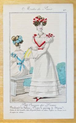 PERIOD COSTUME, Ladies Opera Dress, Paris Fashion plate 413 antique print 1826