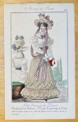 PERIOD COSTUME, Ladies Opera Dress, Paris Fashion plate 414 antique print 1826