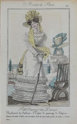 PERIOD COSTUME, Ladies Opera Dress, Paris Fashion plate 419 antique print 1826