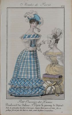 PERIOD COSTUME, Ladies Opera Dress, Paris Fashion plate 429 antique print 1826