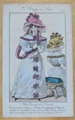 PERIOD COSTUME, Ladies Opera Dress, Paris Fashion plate 435 antique print 1826