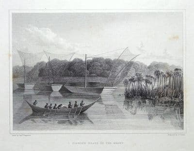 R.CHARI, CHAD, AFRICA, FISHING BOATS Clapperton original antique print 1826
