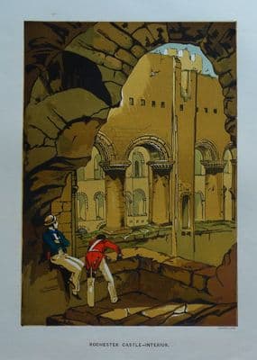 ROCHESTER CASTLE INTERIOR, KENT, C.KNIGHT original coloured antique print c1865