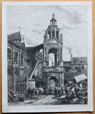 ROUEN, FRANCE, Place Basse Vieille Tour etching, A.Ballin  antique print 1880