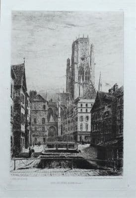 ROUEN, FRANCE, Rue Du Pere Adam etching, A.Ballin  antique print 1880