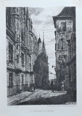ROUEN, FRANCE, Rue Saint Lo etching, A.Ballin original antique print 1880