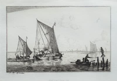 SAILING BOATS, R.Zeeman marine, nautical, maritime etching original antique print 1880