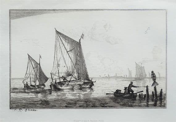 SAILING BOATS, R.Zeeman marine, nautical, maritime etching original antique print 1880