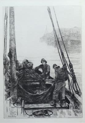 SHAKING THE NETS, Colin Hunter etching original maritime antique print 1880