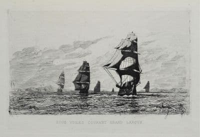 SHIPS UNDER SAIL, broad reach, nautical, marine, maritime antique print 1880