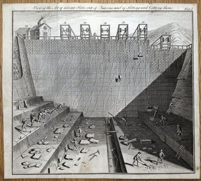 SLATE QUARRY, SLATE CUTTING,  original antique print 1766