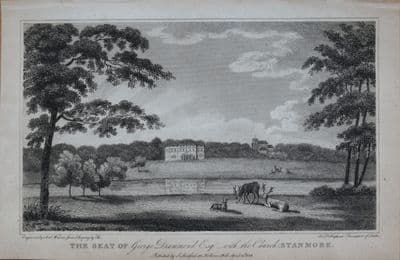 STANMORE  HALL & PARK MIDDLESEX, Original  Copper Engraved Antique Print 1807