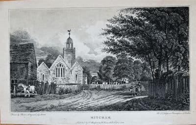 SURREY, MITCHAM PARISH CHURCH Original  Copper Engraved Antique Print 1806