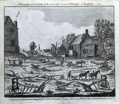 The PLOUGHS of ENGLAND, C18th  PLOUGHING original antique farming print 1748