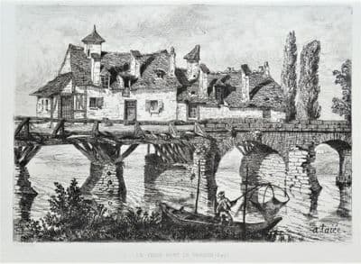 VERNON, EURE, FRANCE Le Vieux Pont de Vernon A.Taiee etching antique print 1880