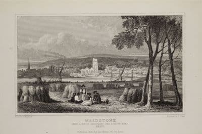 VIEW MAIDSTONE From The LONDON Road original  Steel Engraved Antique Print 1830