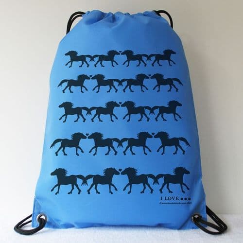 I LOVE ... PONIES Black Hearts & Ponies Blue Drawstring Bag