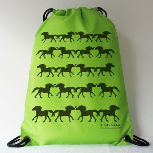 I LOVE ... PONIES Black Hearts & Ponies Green Drawstring Bag