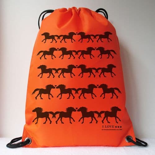 I LOVE ... PONIES Black Hearts & Ponies Orange Drawstring Bag