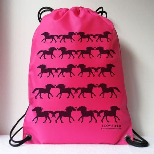I LOVE ... PONIES Black Hearts & Ponies Pink Drawstring Bag