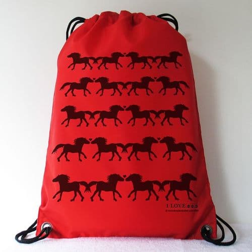 I LOVE ... PONIES Black Hearts & Ponies Red Drawstring Bag