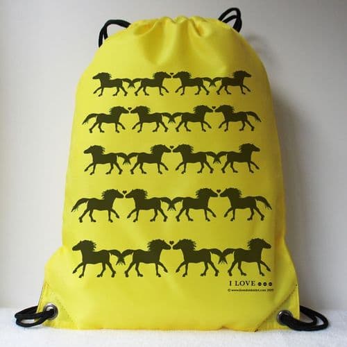 I LOVE ... PONIES Black Hearts & Ponies Yellow Drawstring Bag