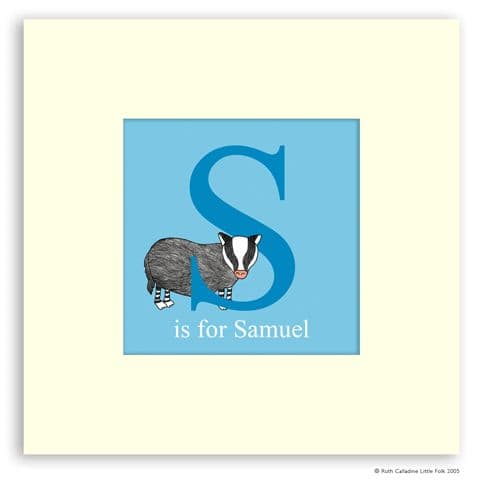 Personalised Badger Print - Snuffles the Little Badger Ready to Frame Mounted Alphabet Print