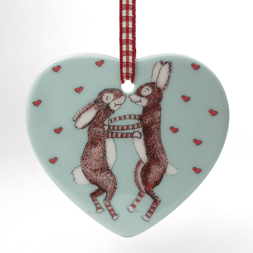 Personalised Ceramic Heart - Dancing Rabbits & Hearts