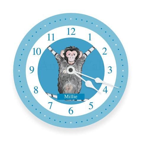 Personalised Chimp Monkey Clock- Swing the Little Chimp in Blue