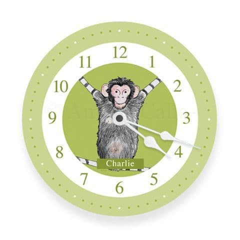 Personalised Chimp Monkey Clock- Swing the Little Chimp in Green