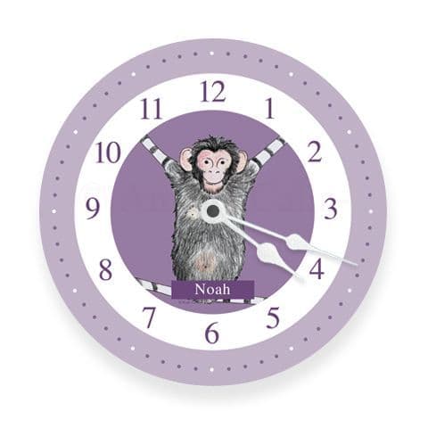 Personalised Chimp Monkey Clock- Swing the Little Chimp in Lilac