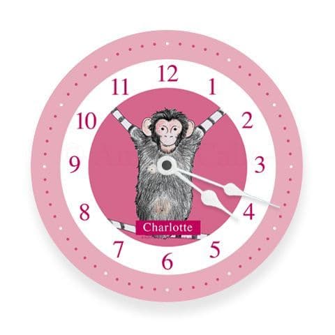 Personalised Chimp Monkey Clock - Swing the Little Chimp in Pink