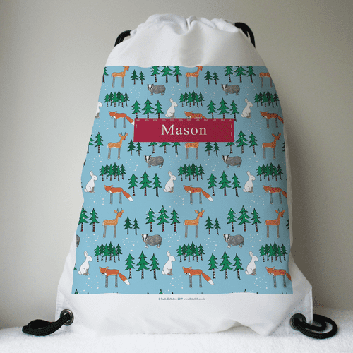 Personalised Drawstring Bag - Winter Woodland Friends in Blue