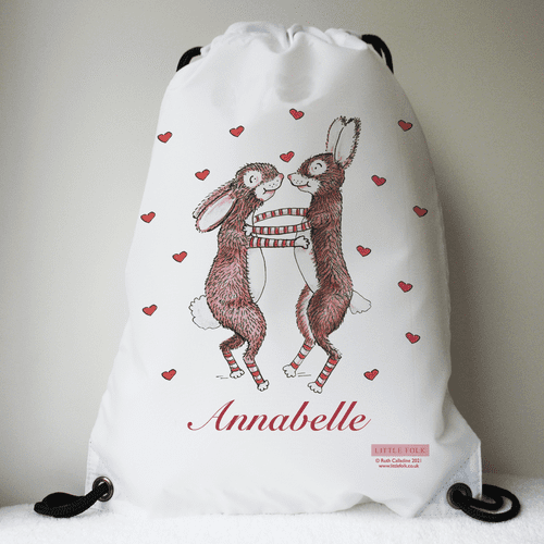 Personalised Drawstring Swimming PE Bag - Dancing Rabbits & Hearts on White