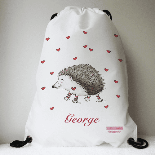 Personalised Drawstring Swimming PE Bag - Prickle the Little Hedgehog & Hearts on White
