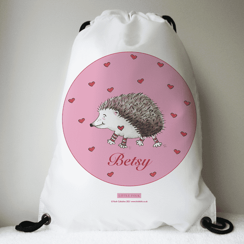 Personalised Drawstring Swimming PE Bag - Prickle the Little Hedgehog & Hearts Pink Dot