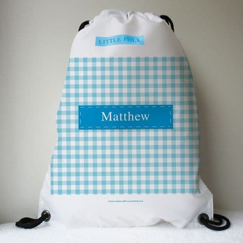 Personalised Gingham Drawstring Bag - Blue Gingham