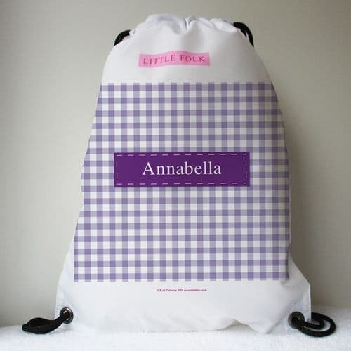 Personalised Gingham Drawstring Bag - Lilac Gingham